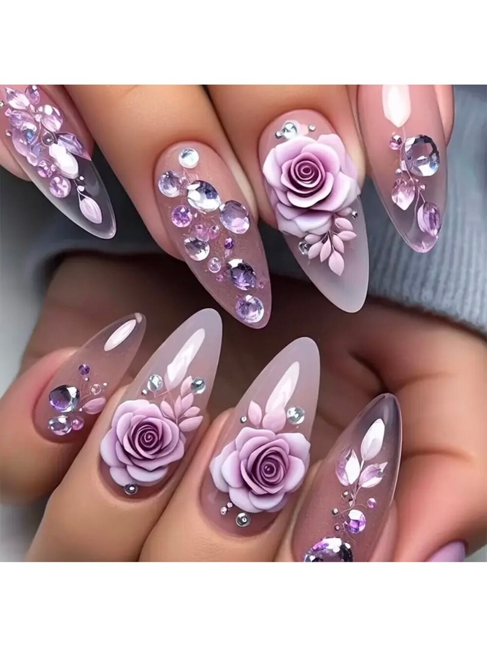 New - 24pcs Elegant Floral Rhinestone -Almond Shaped Press-On Nails - Set